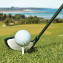 Golf ein Golfschläger, der ganz leicht den Golfball berührt, mit schöner Natur im Hintergrund